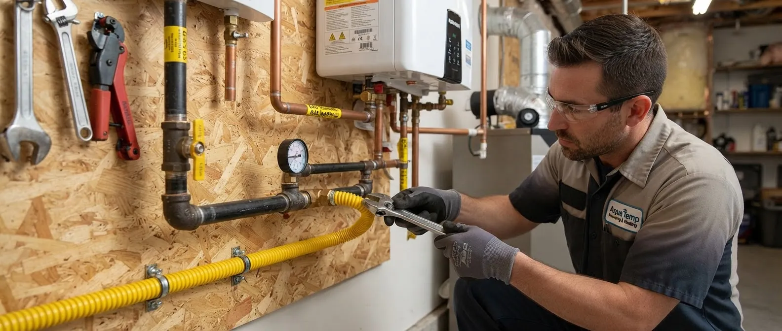 Plumber installing a residential gas line with a flexible yellow connector and shut-off valve