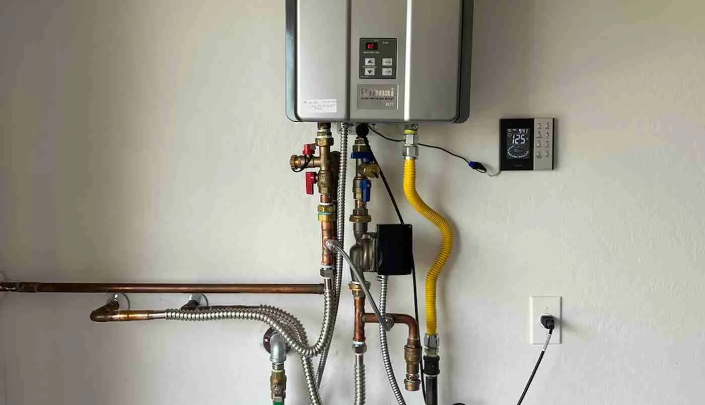 Tankless water heater installation in a luxury home with copper and gas connections